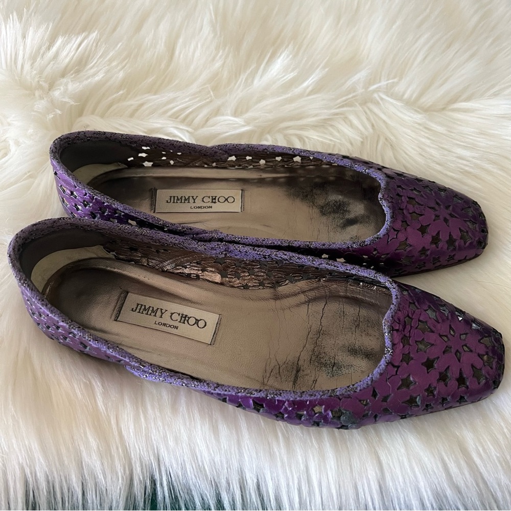 Jimmy Choo Metallic Purple Laser-Cut Flats - Picture 3 of 9